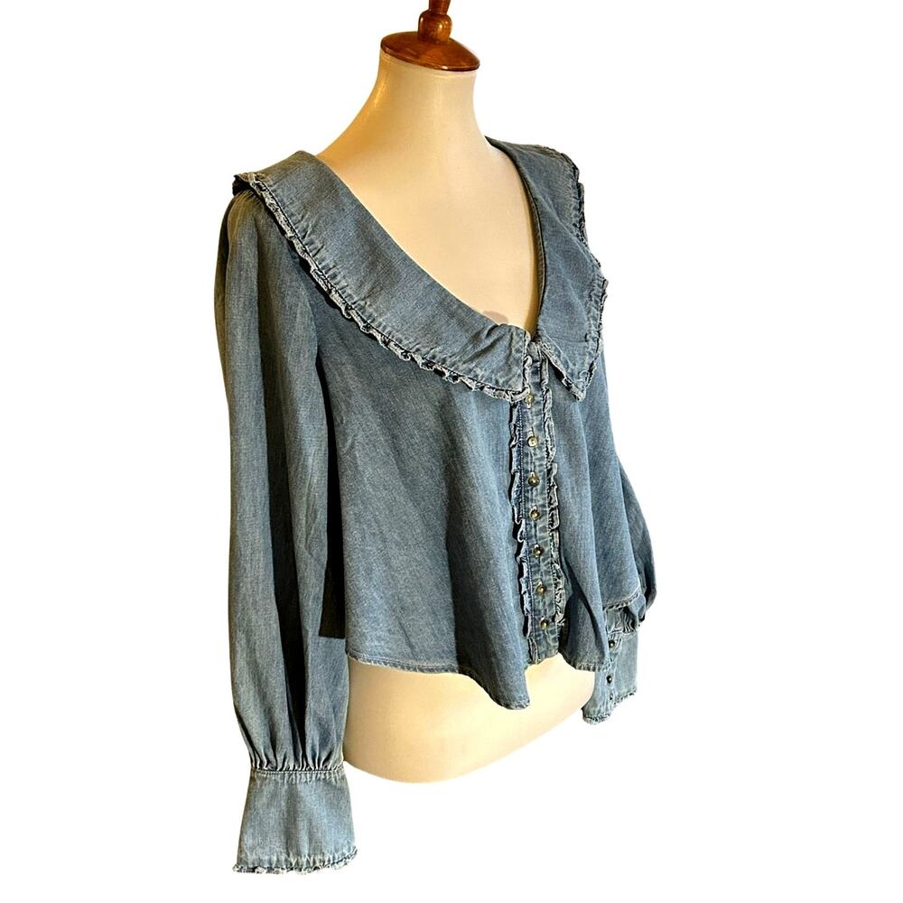 Free People Denim Ruffle Collar Coquette Top XS Blue Button Front
